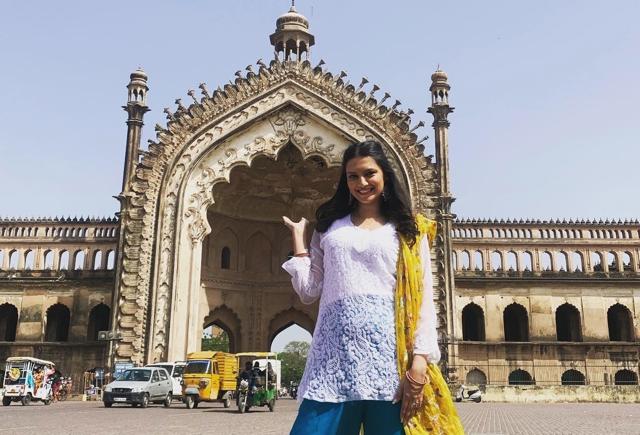 Lekha in front of majestic Rumi Dawaza during her visit to Lucknow. (Sourced)