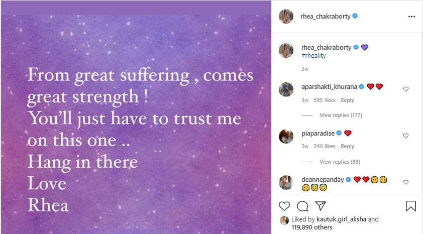 Rhea Chakraborty shared this post on May 27, 2021.
