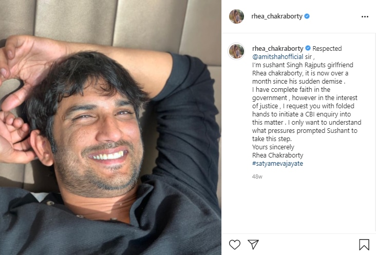 Rhea Chakraborty shared this post on July 16, 2020.