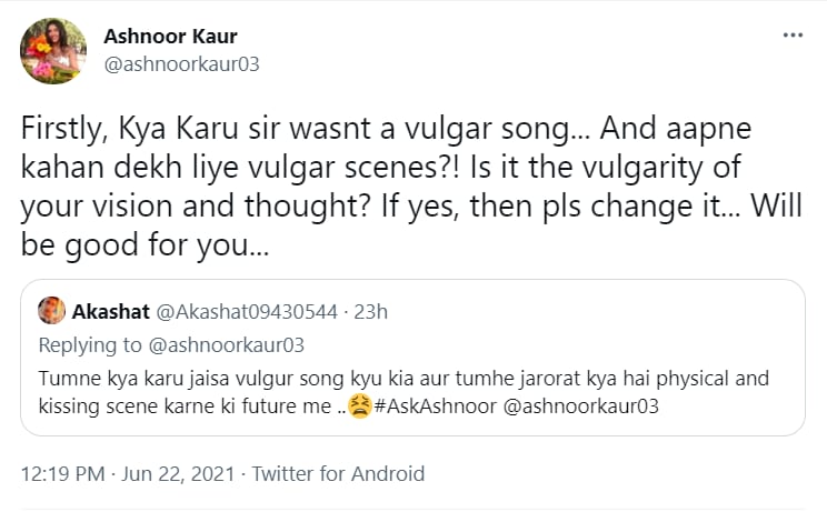 A screengrab of Ashnoor Kaur’s tweet.