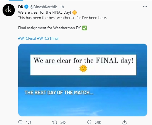 Dinesh Karthik tweets weather update.
