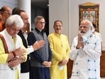 Prime Minister Narendra Modi, Jammu and Kashmir Lt Governor Manoj Sinha, Jammu & Kashmir National Conference leader Omar Abdullah and others during an all-party meeting with various political leaders from Jammu and Kashmir, at PM House, in New Delhi. (HT Photo)