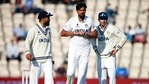 Ishant Sharma holds his right hand fingers before going off the field during the sixth day of the WTC final against New Zealand(AP) Ishant Sharma holds his right hand fingers before going off the field during the sixth day of the WTC final against New Zealand(AP)
