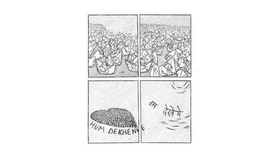 The panels are dramatic. Some 200 of them, in black-and-white capture the sights and sounds, and what it was like to constantly keep vigil and keep the fight going.(Yoda Press)
