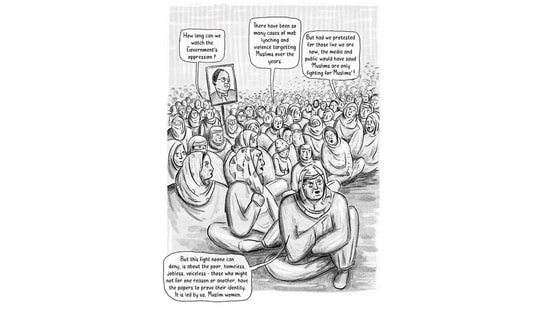 The illustrations capture the camaraderie and kinship that formed at the protest ground, the simmering rage that fuelled the protest for months despite the weather and attempts to disrupt the gatherings.(Yoda Press)