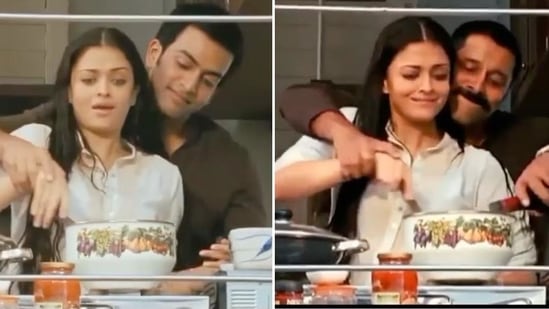 Aishwarya Rai with Prithviraj (left) in Raavanan and with Vikram in Raavan.