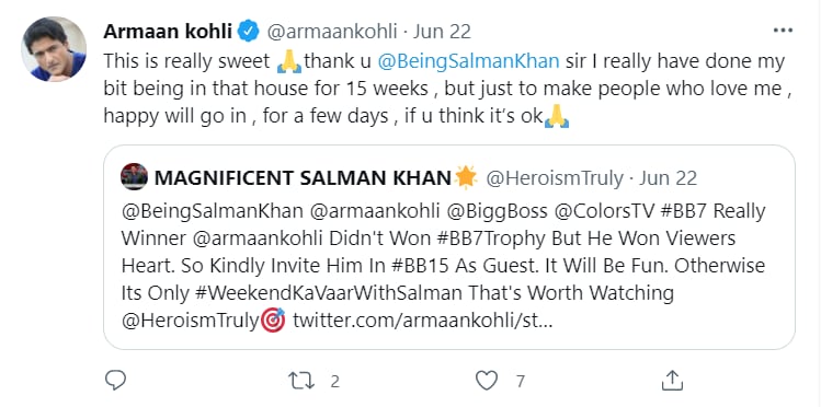 Armaan Kohli requested Salman Khan to allow him to be a part of Bigg Boss 15 as a guest.