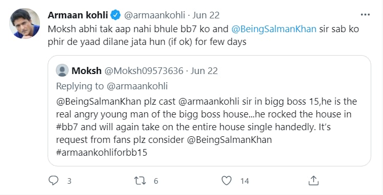 Armaan Kohli tagged Salman Khan in multiple tweets.