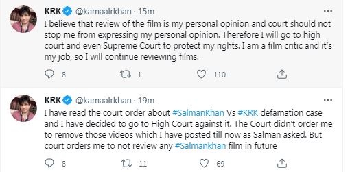 A screenshot of KRK's tweets.