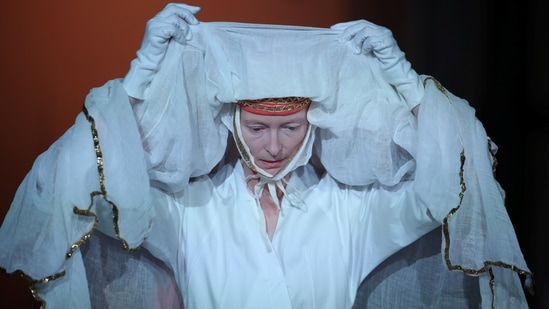 Oscar-winning British actor Tilda Swinton performs in "Embodying Pasolini" at the Mattatoio in Rome, Italy June 24, 2021. (REUTERS)