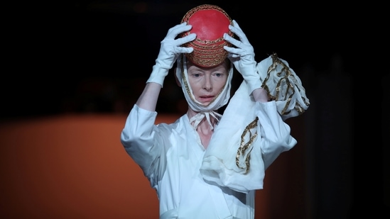 Oscar-winning British actor Tilda Swinton performs in "Embodying Pasolini" at the Mattatoio in Rome, Italy June 24, 2021. (REUTERS)