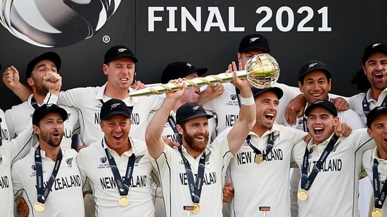 New Zealand players celebrate after being handed the ICC Test Championship Mace, at the Rose Bowl in Southampton.((ANI Photo/ICC Twitter))