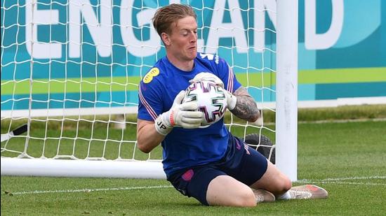 England goalkeeper Jordan Pickford has kept a clean sheet in each of his three games at Euro 2020. (AFP)