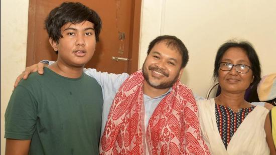 Guwahati: MLA Akhil Gogoi with his wife and son after an NIA court granted 2 day parole to him on humanitarian grounds. Gogoi was arrested on December 12, 2019 for his alleged involvement in anti- CAA protest. (PTI) Guwahati: MLA Akhil Gogoi with his wife and son after an NIA court granted 2 day parole to him on humanitarian grounds. Gogoi was arrested on December 12, 2019 for his alleged involvement in anti- CAA protest. (PTI)