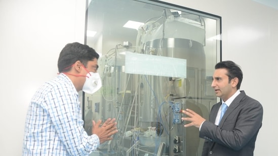 Adar Poonawalla surveying the Covavax manufacturing process at the SII plant. (Adar Poonawalla/Twitter)