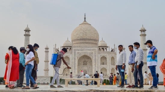 Taj Mahal, in Uttar Pradesh’s Agra, has, however, fared better, recording around 20% of its daily footfall numbers before the pandemic.(PTI)