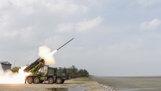 The Defence Research and Development Organisation's Multi-Barrel Rocket Launcher (MBRL) test-fires a Pinaka rocket at Chandipur beach. (PTI Photo)