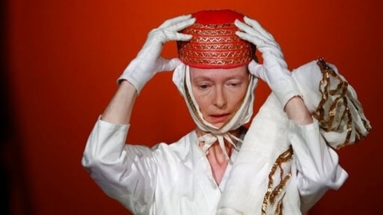 British actress Tilda Swinton performs during rehearsal of "Embodying Pasolini", a performance curated by Olivier Saillard and based on 40 costumes designed by Danilo Donati for Pier Paolo Pasolini's movies, being staged in Rome, Thursday, June 24, 2021.(AP)