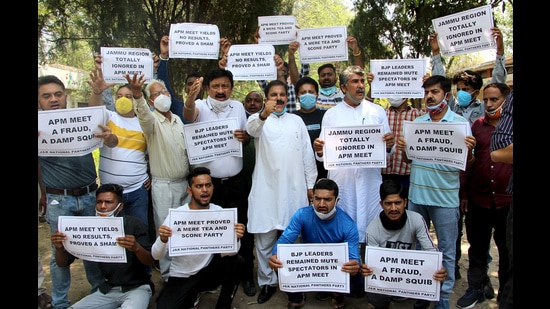 Panthers Party supporters hold posters as they raise slogans during a protest in Jammu on Friday. (ANI) Panthers Party supporters hold posters as they raise slogans during a protest in Jammu on Friday. (ANI)