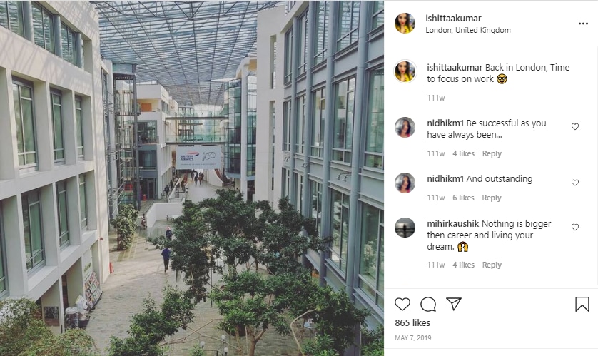 Ishita had also shared a post and captioned it, "Back in London, Time to focus on work.”