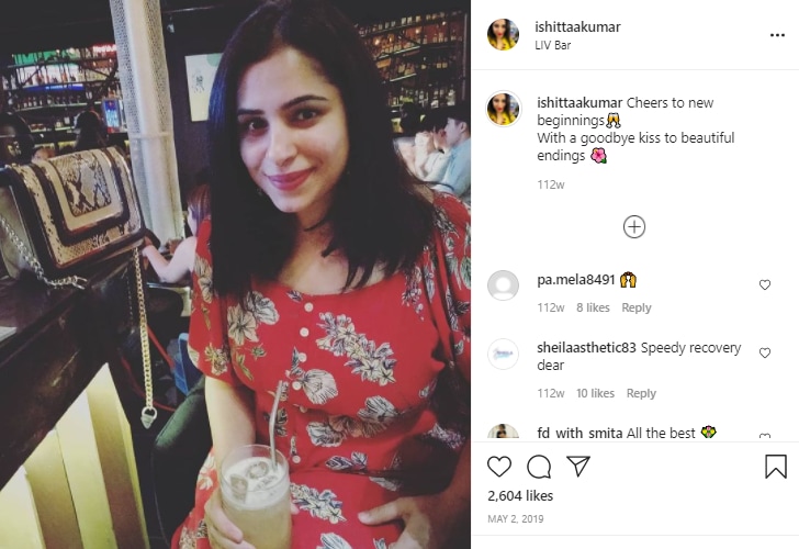 Ishita shared a picture and captioned it, "Cheers to new beginnings. With a goodbye kiss to beautiful endings."