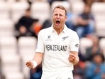 New Zealand's Neil Wagner celebrates after taking the wicket of India's Ajinkya Rahane Action during the WTC final.
