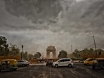 Strong winds blowing dust from the Central Vista construction site in the evening at India Gate in New Delhi, India. Strong winds blowing dust from the Central Vista construction site in the evening at India Gate in New Delhi, India.