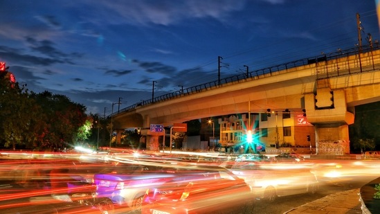 Trails of light from passing traffic and a cloudy sky in the evening at Patel Nagar in New Delhi, India, on Sunday, June 20, 2021. (Photo by Sanchit Khanna/ Hindustan Times) Trails of light from passing traffic and a cloudy sky in the evening at Patel Nagar in New Delhi, India, on Sunday, June 20, 2021. (Photo by Sanchit Khanna/ Hindustan Times)