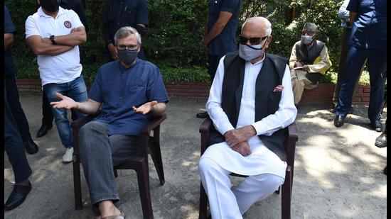 National Conference (NC) president Farooq Abdullah and NC vice-president and the former J&K CM Omar Abdullah in Srinagar after their return from Delhi. (Waseem Andrabi/HT) National Conference (NC) president Farooq Abdullah and NC vice-president and the former J&K CM Omar Abdullah in Srinagar after their return from Delhi. (Waseem Andrabi/HT)