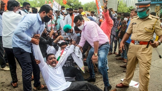 Mumbai: Police detain BJP workers who were staging a Chakka Jam protest over the issue of reservation for Other Backward Classes, at Dahisar Naka. (PTI) Mumbai: Police detain BJP workers who were staging a Chakka Jam protest over the issue of reservation for Other Backward Classes, at Dahisar Naka. (PTI)