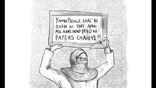 The book captures real-world moments like this one, when a woman held up a placard pointing out that most people couldn’t find their winter caps from the year before, let alone identity papers from half a century ago. The book captures real-world moments like this one, when a woman held up a placard pointing out that most people couldn’t find their winter caps from the year before, let alone identity papers from half a century ago.
