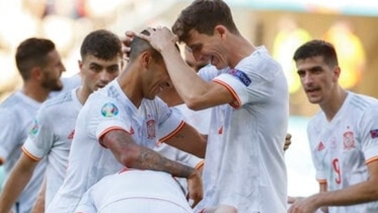 Spain players celebrate their fifth goal after Juraj Kucka scored an own goal in the 71st minute. Spain eventually won 5-0 to finish second in the group and qualify for the Round of 16 with Sweden(AP) Spain players celebrate their fifth goal after Juraj Kucka scored an own goal in the 71st minute. Spain eventually won 5-0 to finish second in the group and qualify for the Round of 16 with Sweden(AP)