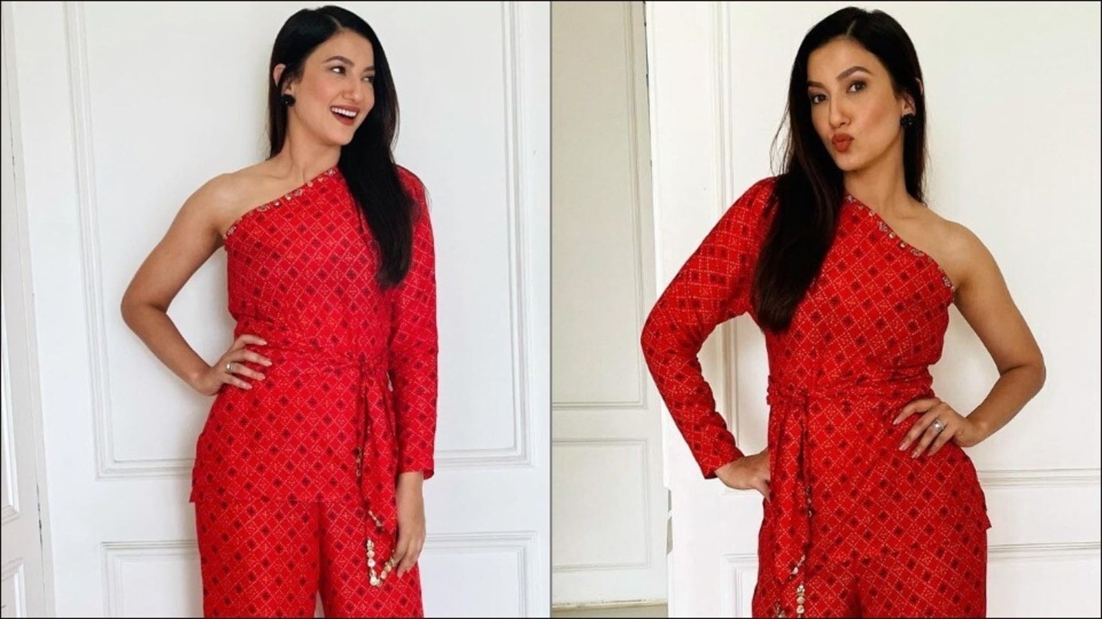 Gauahar Khan’s red off-shoulder Bandhani co-ords are perfect to sizzle on a date