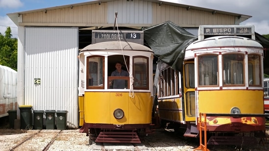 Paulo Marques rides a tram from his collection, in Carregado, Portugal, June 22, 2021.  (REUTERS)
