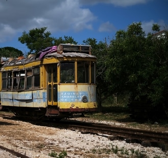 An old tram is seen in Paulo Marques' property in Carregado, Portugal, June 22, 2021. (REUTERS)