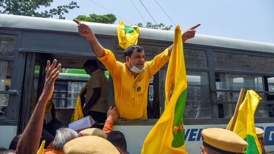 Farmers on Saturday marched towards the Raj Bhavan in different states to submit memoranda (ANI Photo) Farmers on Saturday marched towards the Raj Bhavan in different states to submit memoranda (ANI Photo)