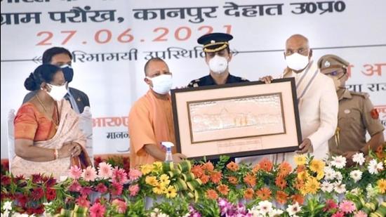 President Ram Nath Kovind and UP chief minister Yogi Adityanath at a function in Uttar Pradesh’s Kanpur Dehat district on Sunday. (SOURCED) President Ram Nath Kovind and UP chief minister Yogi Adityanath at a function in Uttar Pradesh’s Kanpur Dehat district on Sunday. (SOURCED)