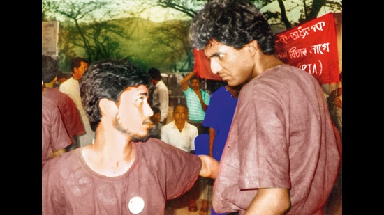Adil with Naren Patgiri, a famous writer now in Assam, during a street play Adil with Naren Patgiri, a famous writer now in Assam, during a street play