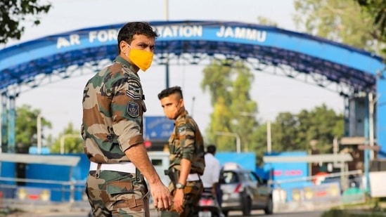 Security personnel patrol after two low-intensity explosions reported in the technical area of Jammu Air Force Station on June 27, 2021(PTI Photo)