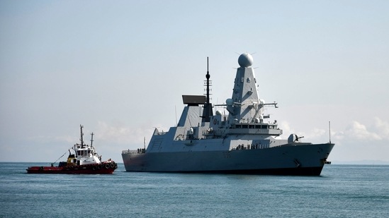 British destroyer HMS Defender arrives at the port of Batumi, in Georgia, on Saturday, June 26, 2021. (Vasil Gedenidze/British Embassy in Georgia via AP)