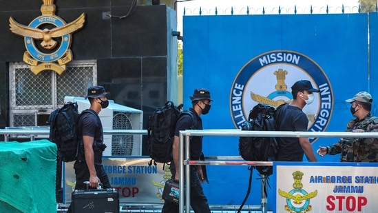 Special security force arrives at Air Force Station after two low intensity explosions reported in the technical area of Jammu Air Force Station in the early hours of Sunday. (PTI) Special security force arrives at Air Force Station after two low intensity explosions reported in the technical area of Jammu Air Force Station in the early hours of Sunday. (PTI)