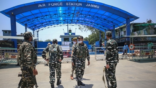 Jammu: Security personnel stand guard outside Air Force Station.(PTI)