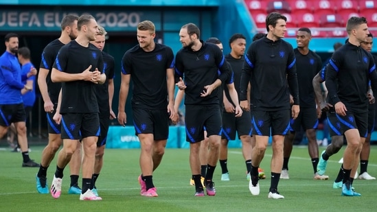 Dutch players attend a training session at the Ferenc Puskas stadium in Budapest, Hungary, Saturday, June 26, 2021 the day before the Euro 2020 soccer championship round of 16 match match between the Netherlands and the Czech Republic. (AP Photo/Darko Bandic)(AP)