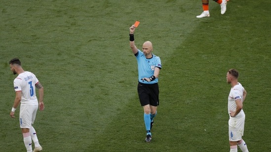 De Ligt was sent off for a handball and a foul on Patrik Schick. Netherlands, under immense pressure at the time, were reduced to 10 men. (AP) De Ligt was sent off for a handball and a foul on Patrik Schick. Netherlands, under immense pressure at the time, were reduced to 10 men. (AP)