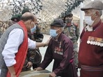 Defence minister Rajnath Singh interacting with veterans in Leh on Sunday. (PTI) Defence minister Rajnath Singh interacting with veterans in Leh on Sunday. (PTI)