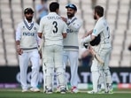 Indian captain Virat Kohli congratulates New Zealand's Ross Taylor and captain Kane Williamson on their win(AP) Indian captain Virat Kohli congratulates New Zealand's Ross Taylor and captain Kane Williamson on their win(AP)