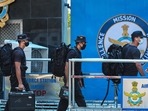 Security personnel at the Air Force Station in Jammu on Sunday. (PTI) Security personnel at the Air Force Station in Jammu on Sunday. (PTI)