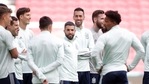 Spain's Jordi Alba and Sergio Busquets during training.(REUTERS)