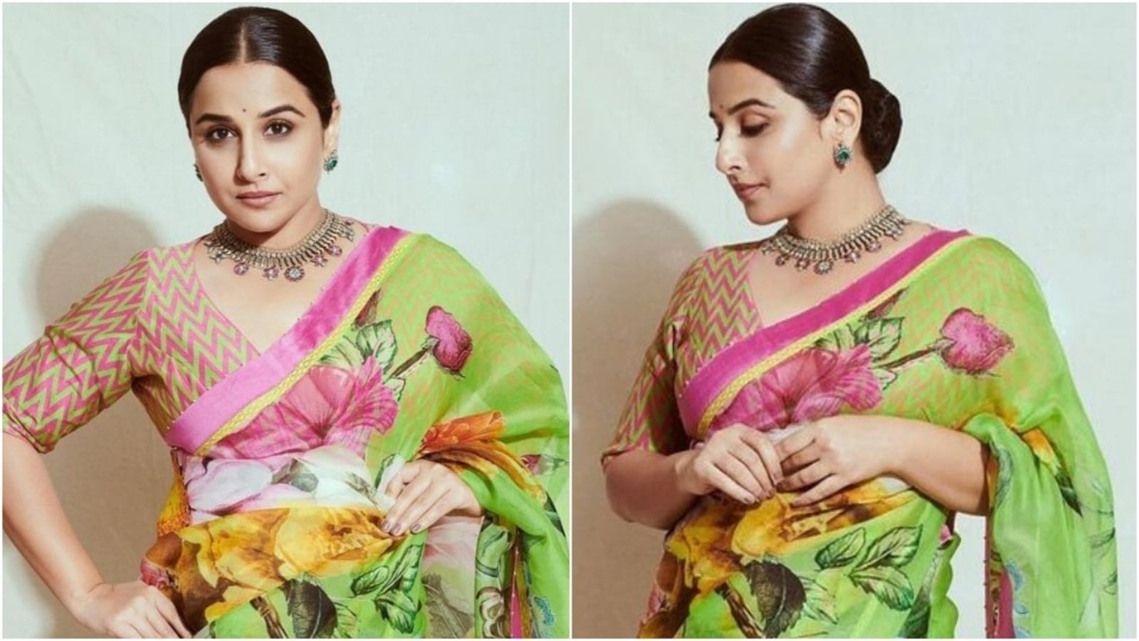 Vidya Balan in green organza saree is the queen of floral prints ...