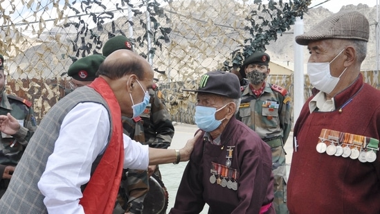 Defence minister Rajnath Singh interacting with veterans in Leh on Sunday. (PTI) Defence minister Rajnath Singh interacting with veterans in Leh on Sunday. (PTI)